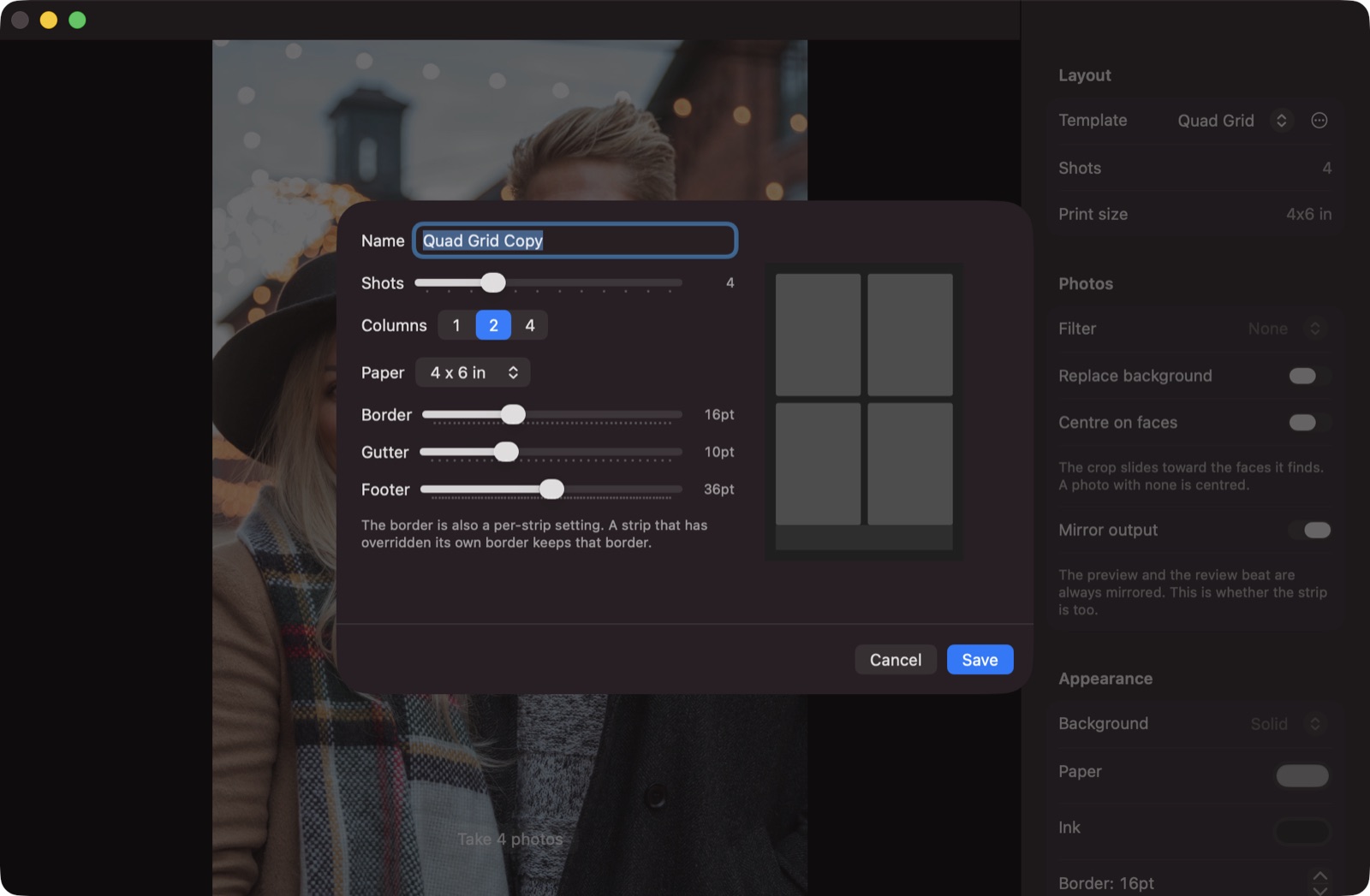 The template editor with a two-by-two grid layout