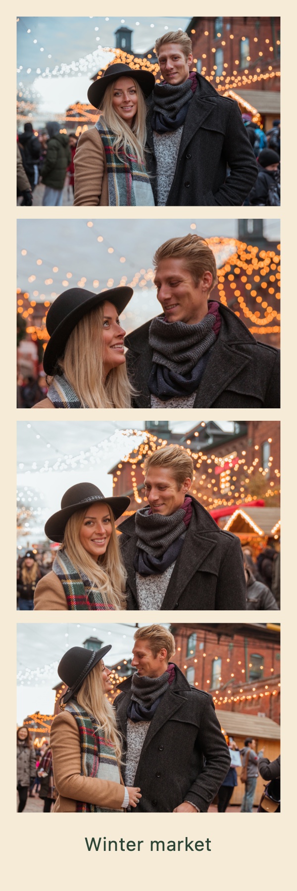A finished four-photo strip captioned Winter market